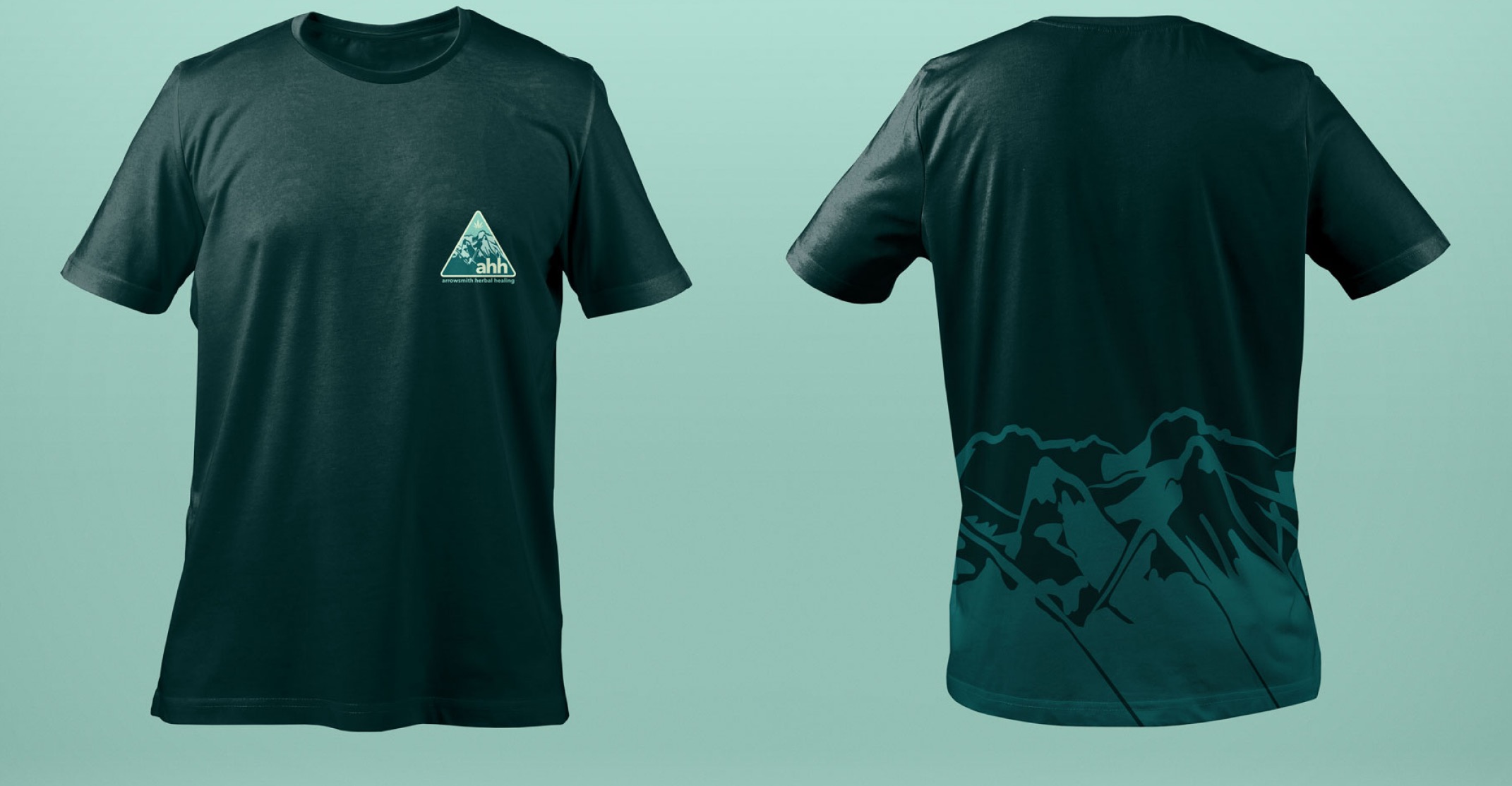 Dark green AHH staff t-shirts, front and back