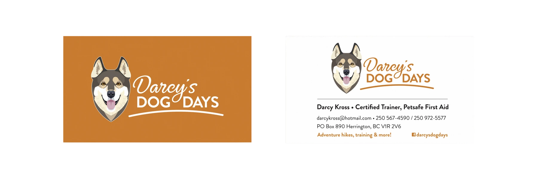 Front and back of the Darcy's Dog Days business cards