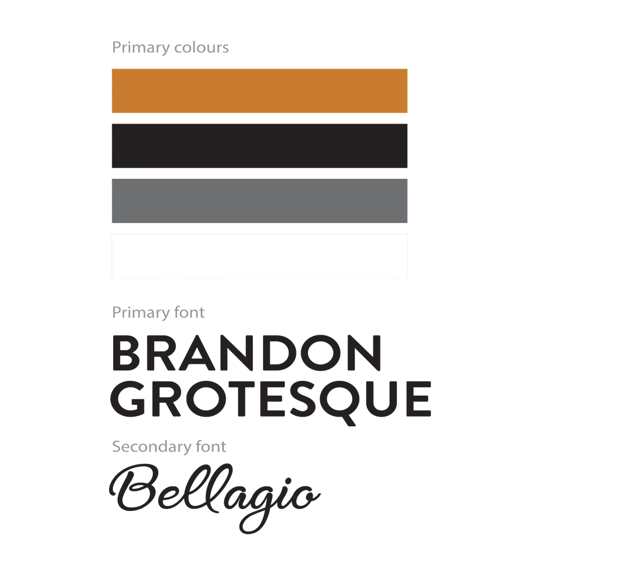 Brand colour palette with Brandon Grotesque and Bellagio type samples