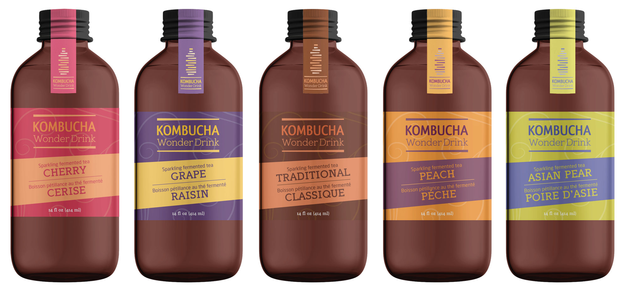 Five amber kombucha bottles with gradient labels