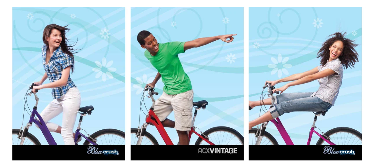 Three seasonal wall posters of cyclists that line up side by side