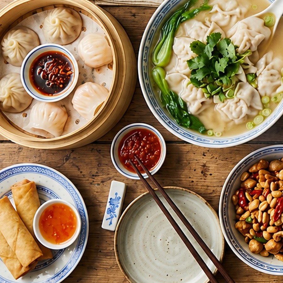 Dim sum, wonton soup and dipping sauces from the Jas Cafe project
