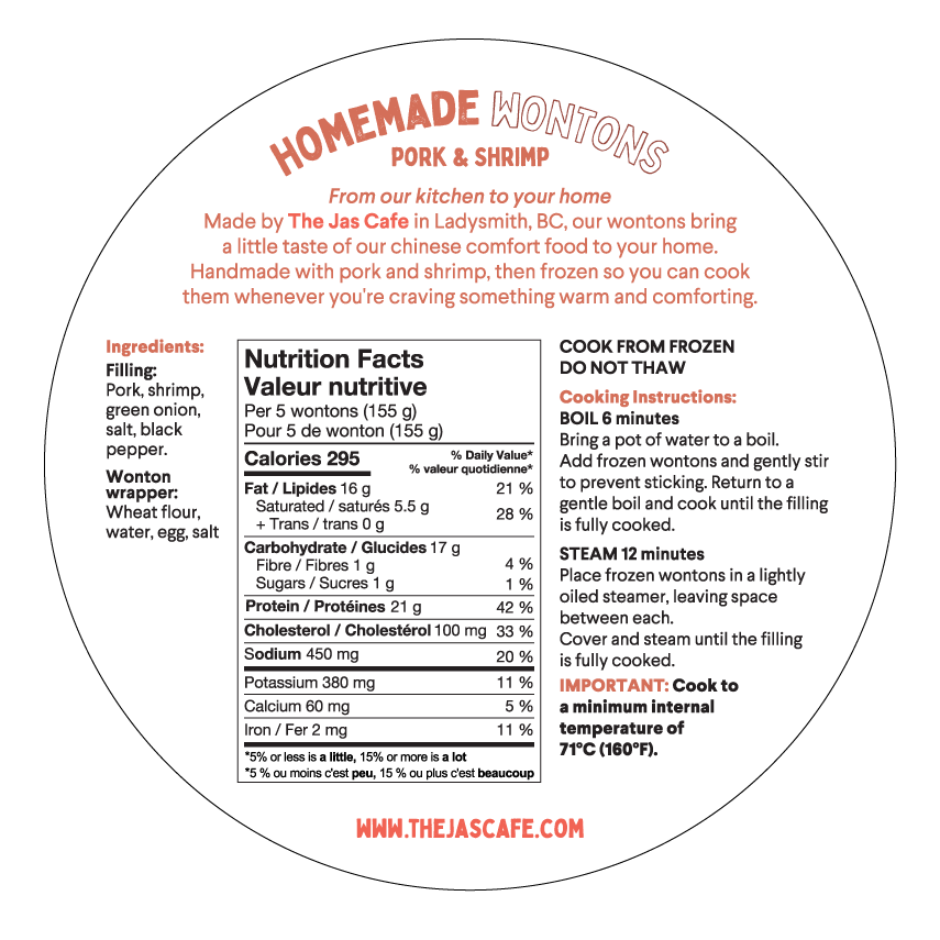 Wonton packaging label, back