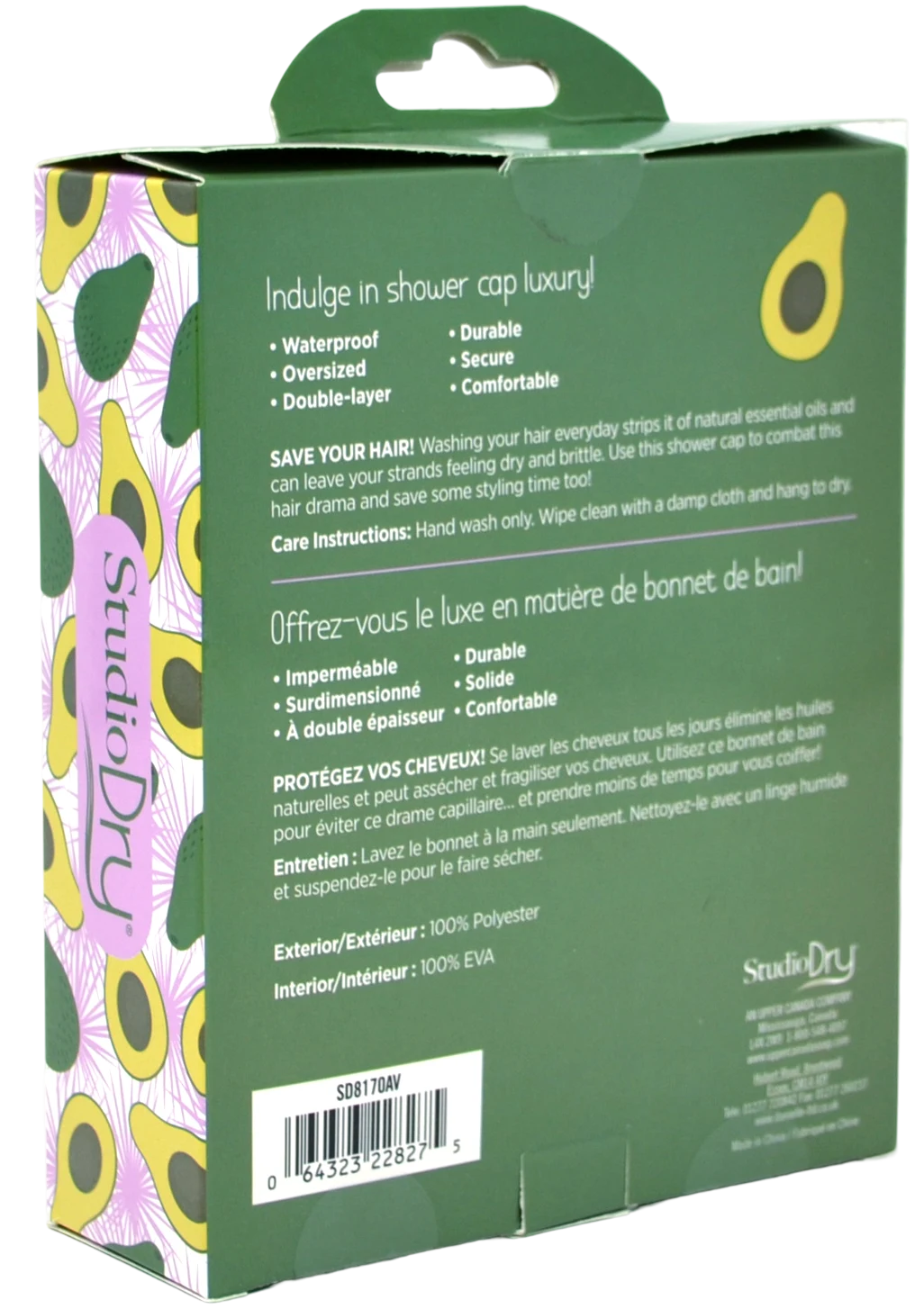 Back of the shower cap box